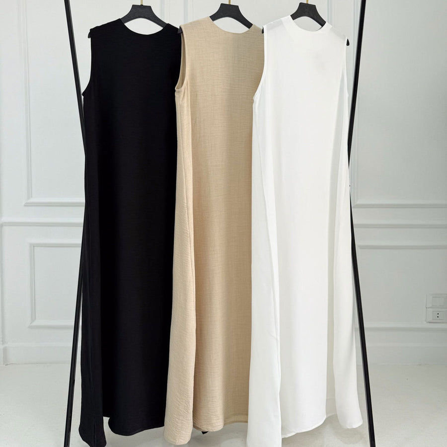 Basic Linen Dress No Sleeve Dark Beige - ABAYOLOGY